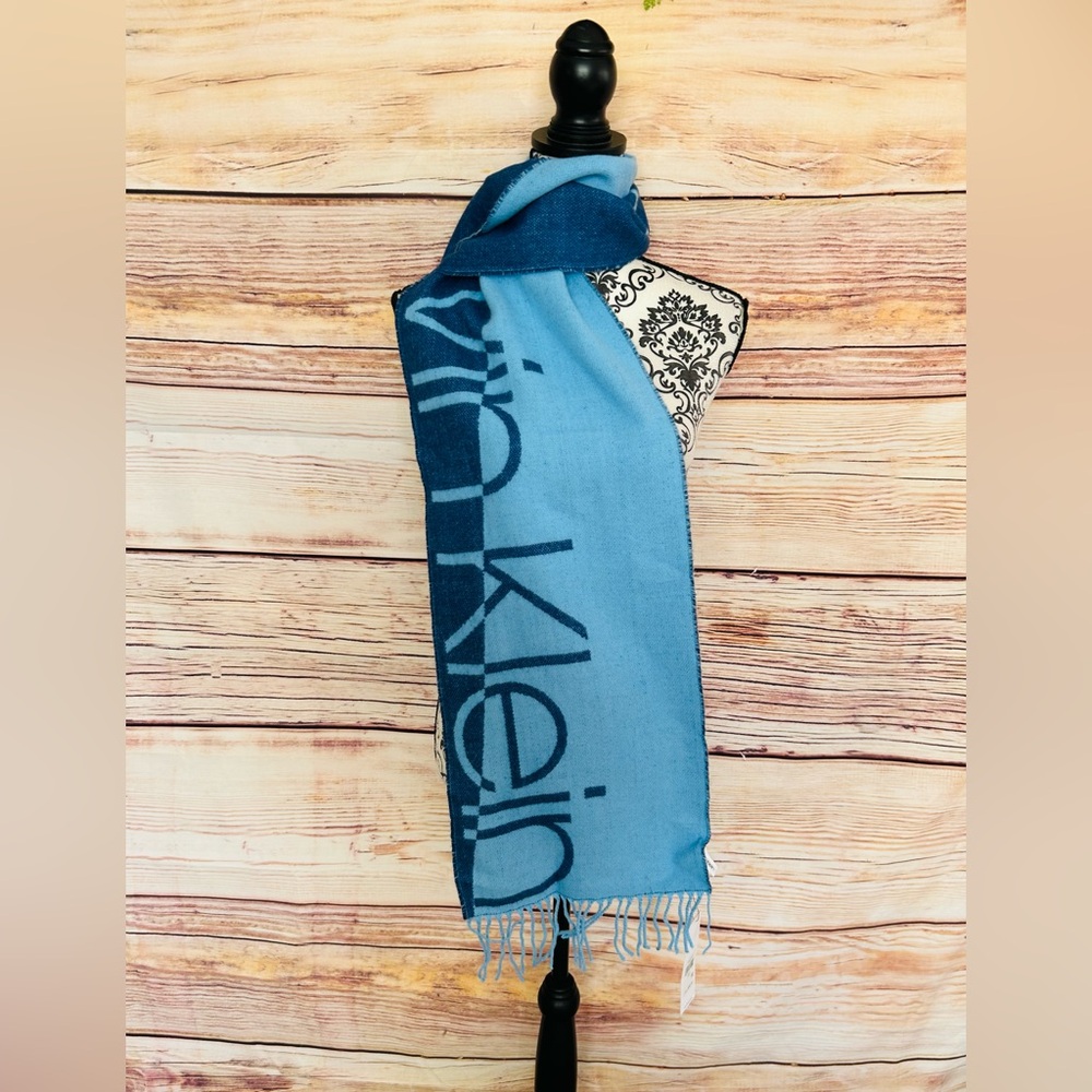 Calvin Klein Women’s Blue Logo Fringe Oversized Scarf NWT